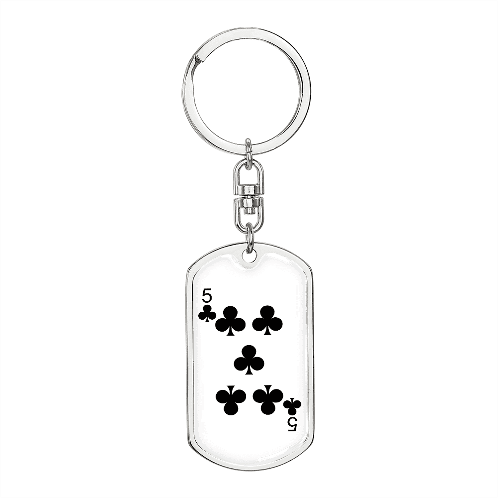 5 of Clubs Gambler Keychain Stainless Steel or 18k Gold Dog Tag Keyring-Express Your Love Gifts