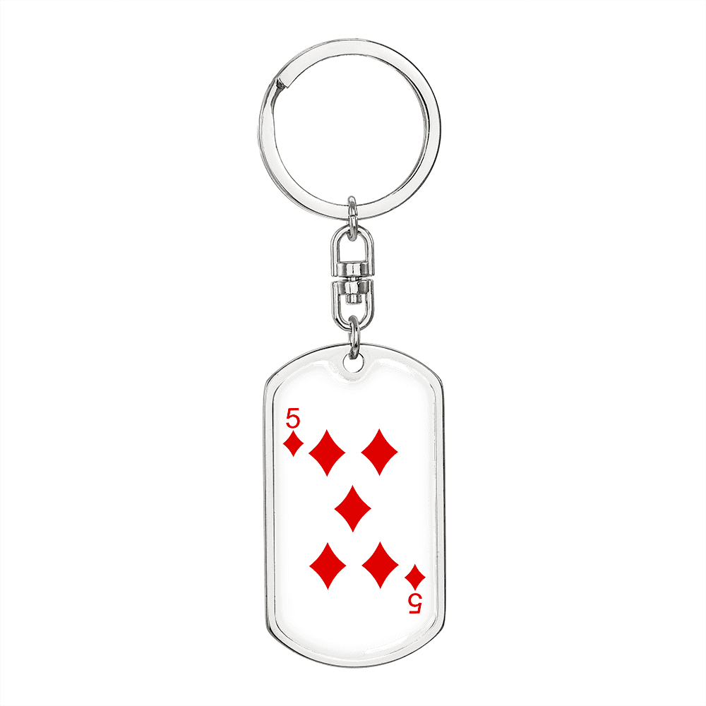 5 of Diamonds Gambler Keychain Stainless Steel or 18k Gold Dog Tag Keyring-Express Your Love Gifts