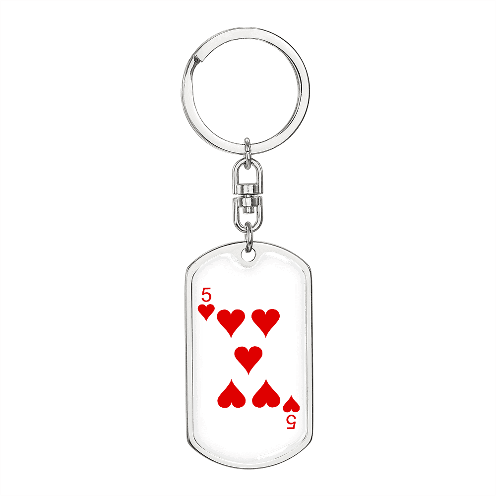5 of Hearts Gambler Keychain Stainless Steel or 18k Gold Dog Tag Keyring-Express Your Love Gifts