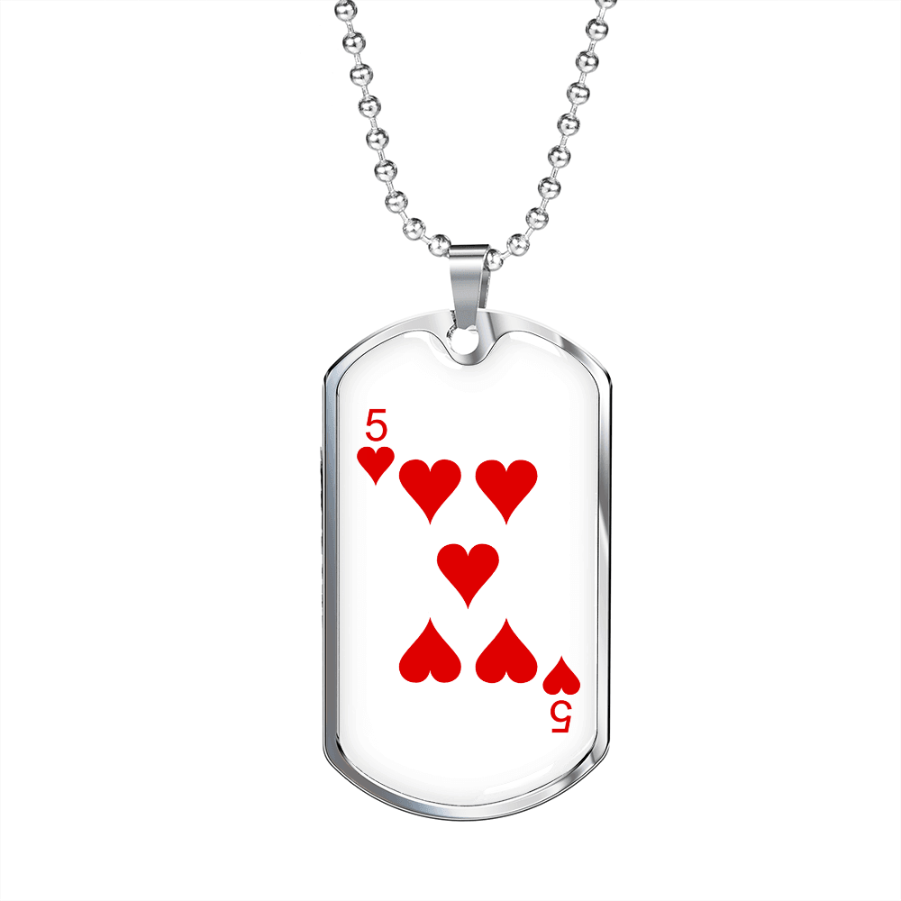5 of Hearts Gambler Necklace Stainless Steel or 18k Gold Dog Tag 24" Chain-Express Your Love Gifts