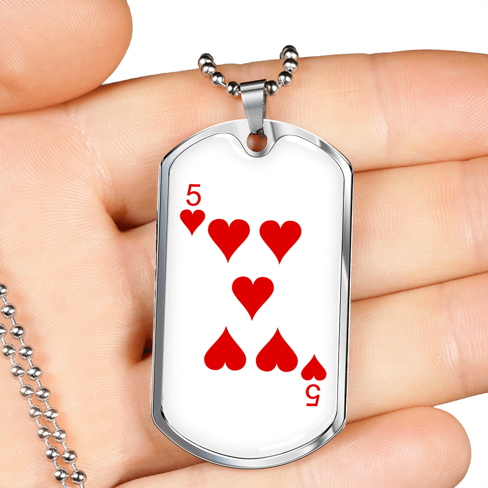 5 of Hearts Gambler Necklace Stainless Steel or 18k Gold Dog Tag 24" Chain-Express Your Love Gifts