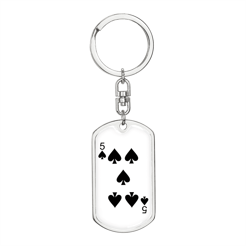 5 of Spades Gambler Keychain Stainless Steel or 18k Gold Dog Tag Keyring-Express Your Love Gifts