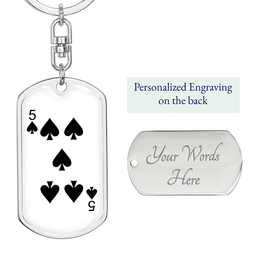 5 of Spades Gambler Keychain Stainless Steel or 18k Gold Dog Tag Keyring-Express Your Love Gifts