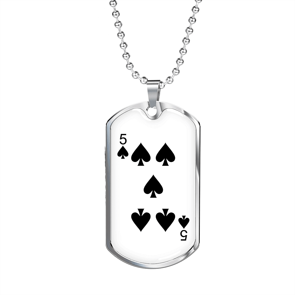 5 of Spades Gambler Necklace Stainless Steel or 18k Gold Dog Tag 24" Chain-Express Your Love Gifts