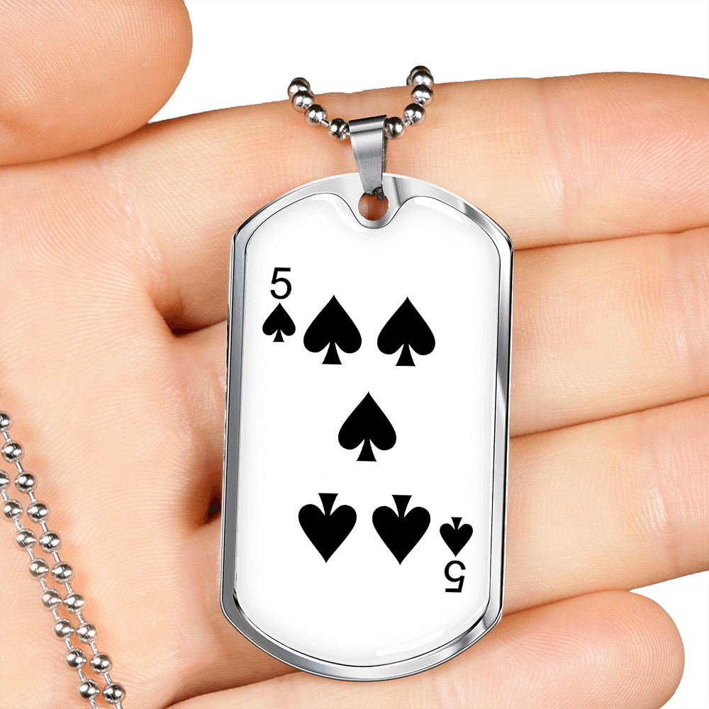 5 of Spades Gambler Necklace Stainless Steel or 18k Gold Dog Tag 24" Chain-Express Your Love Gifts