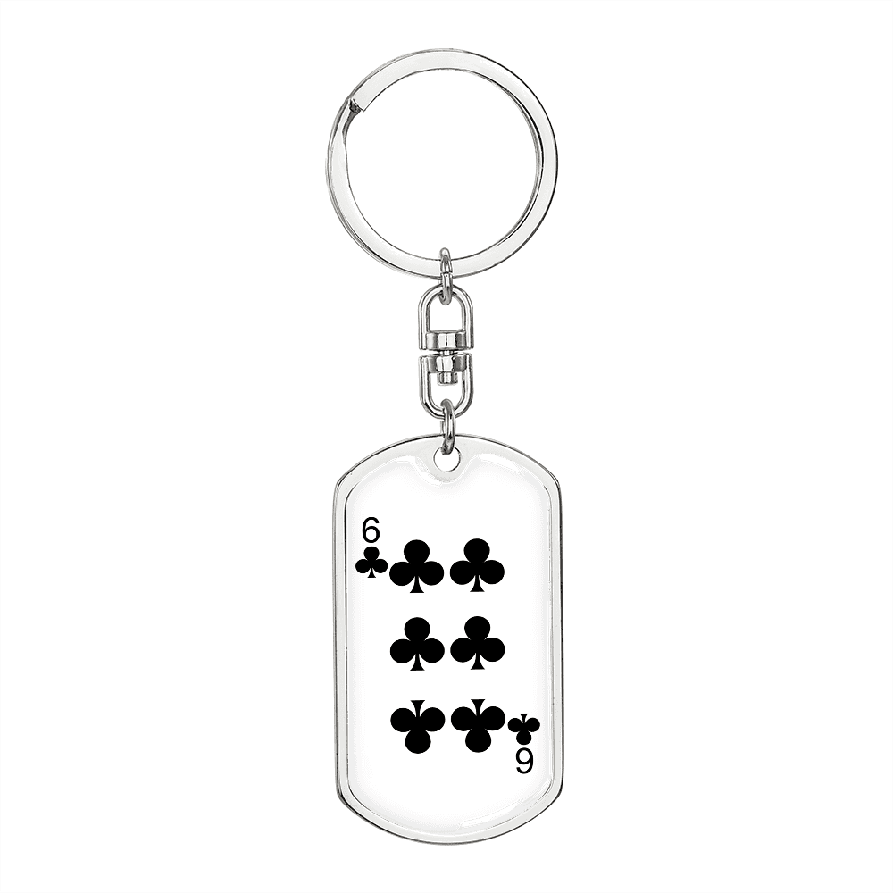 6 of Clubs Gambler Keychain Stainless Steel or 18k Gold Dog Tag Keyring-Express Your Love Gifts