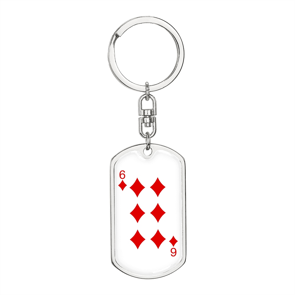 6 of Diamonds Gambler Keychain Stainless Steel or 18k Gold Dog Tag Keyring-Express Your Love Gifts