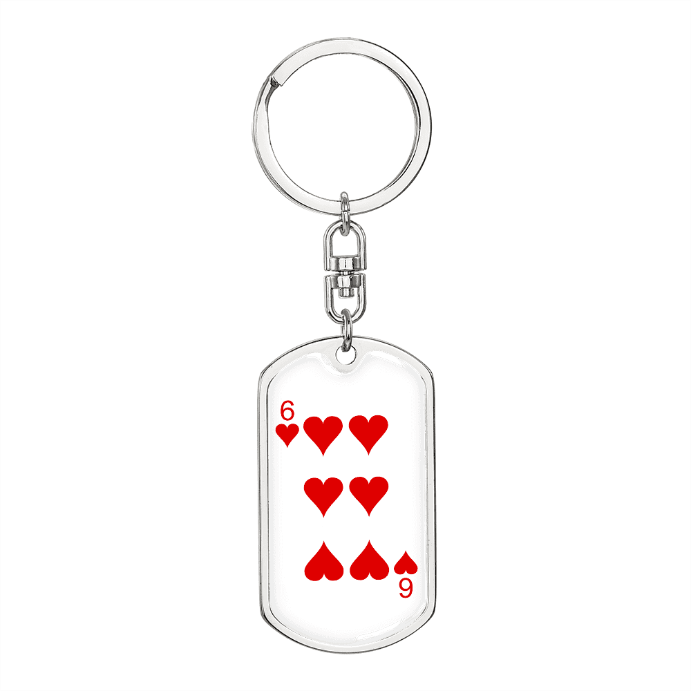 6 of Hearts Gambler Keychain Stainless Steel or 18k Gold Dog Tag Keyring-Express Your Love Gifts