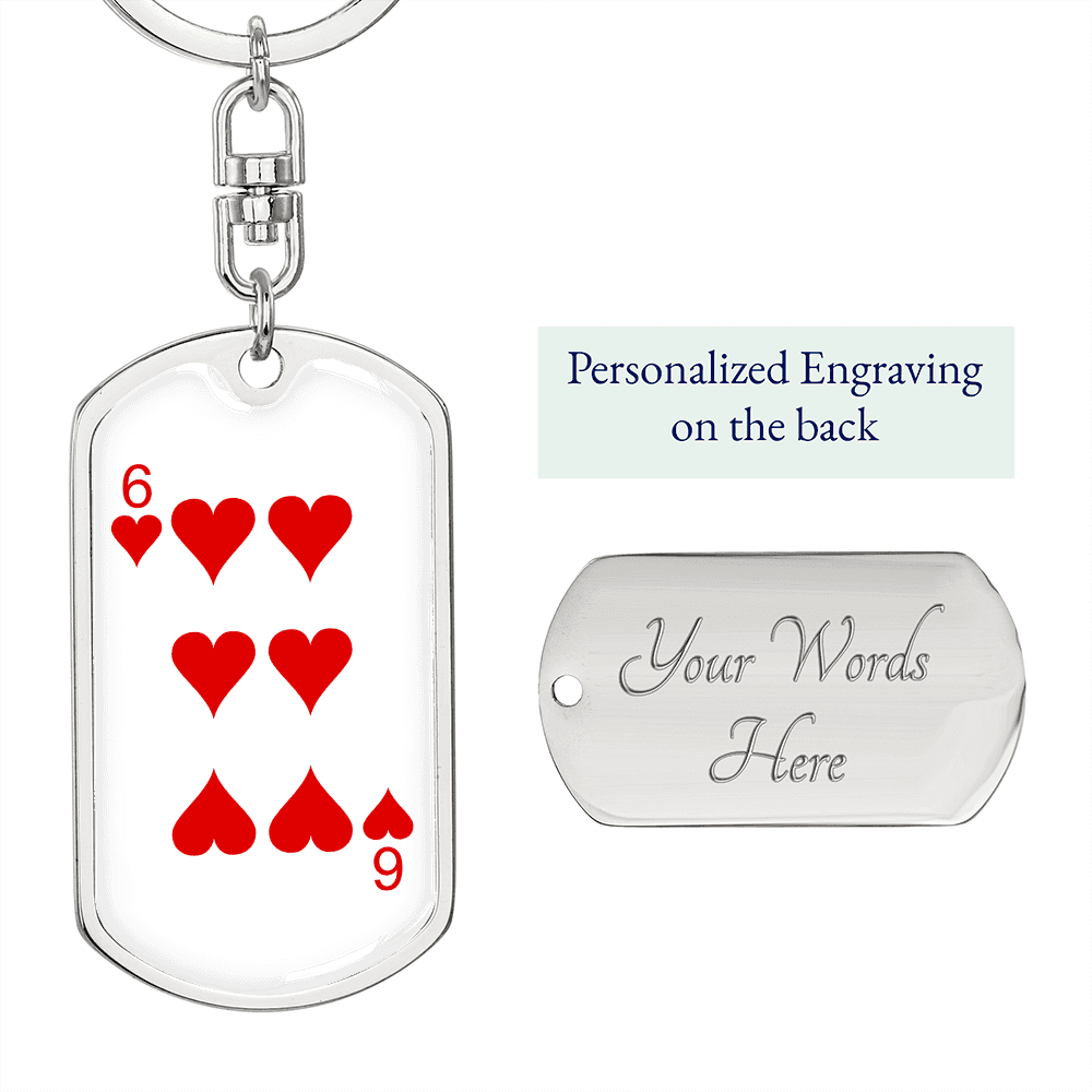 6 of Hearts Gambler Keychain Stainless Steel or 18k Gold Dog Tag Keyring-Express Your Love Gifts