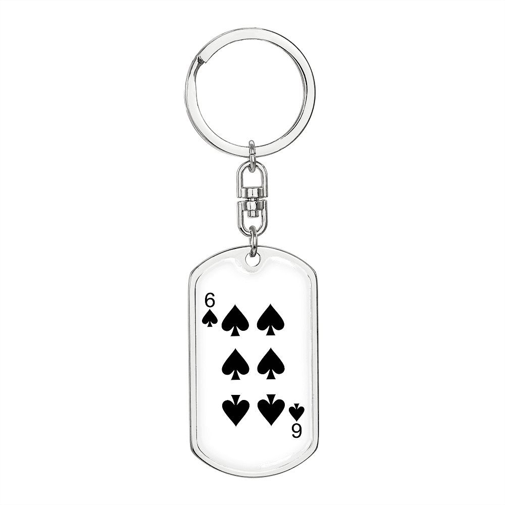 6 of Spades Gambler Keychain Stainless Steel or 18k Gold Dog Tag Keyring-Express Your Love Gifts