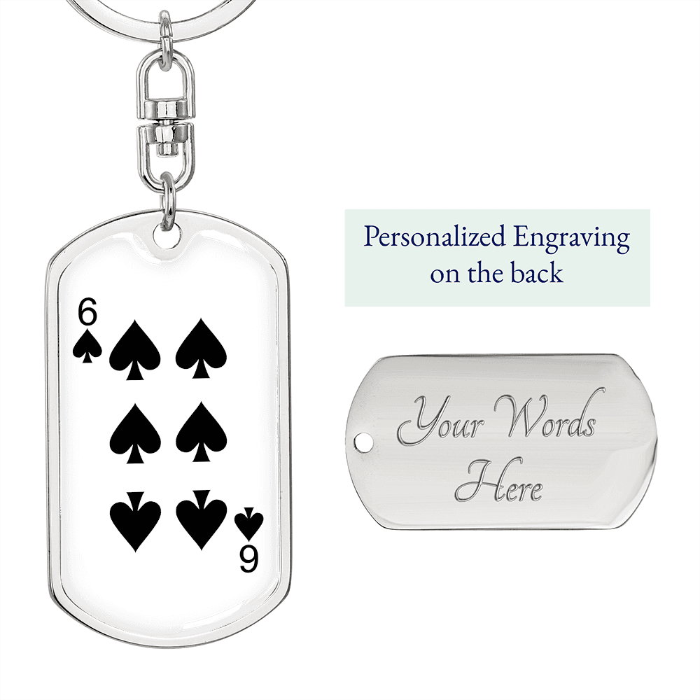 6 of Spades Gambler Keychain Stainless Steel or 18k Gold Dog Tag Keyring-Express Your Love Gifts