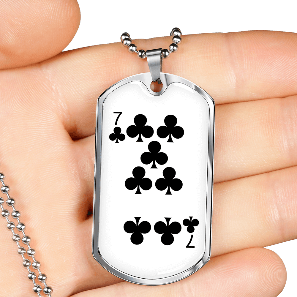 7 of Clubs Gambler Necklace Stainless Steel or 18k Gold Dog Tag 24" Chain-Express Your Love Gifts