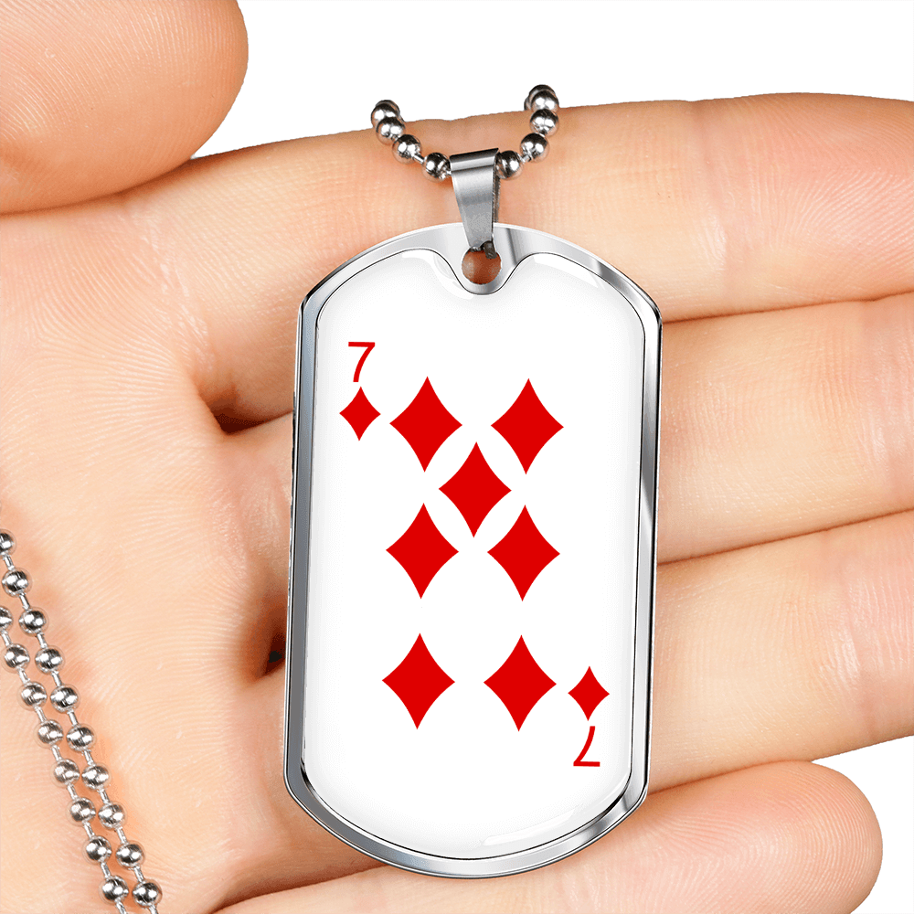 7 of Diamonds Gambler Necklace Stainless Steel or 18k Gold Dog Tag 24" Chain-Express Your Love Gifts