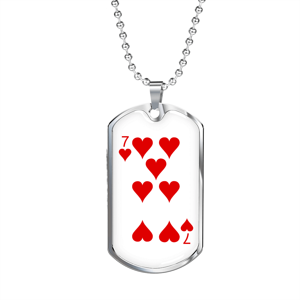 7 of Hearts Gambler Necklace Stainless Steel or 18k Gold Dog Tag 24" Chain-Express Your Love Gifts