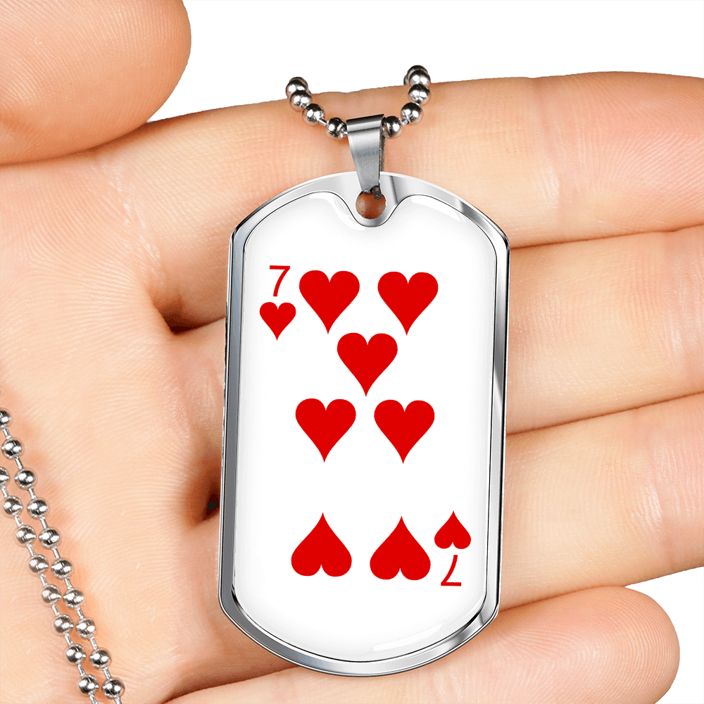 7 of Hearts Gambler Necklace Stainless Steel or 18k Gold Dog Tag 24" Chain-Express Your Love Gifts