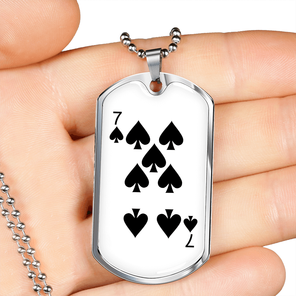 7 of Spades Gambler Necklace Stainless Steel or 18k Gold Dog Tag 24" Chain-Express Your Love Gifts