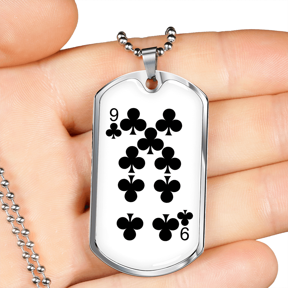 9 of Clubs Gambler Necklace Stainless Steel or 18k Gold Dog Tag 24" Chain-Express Your Love Gifts