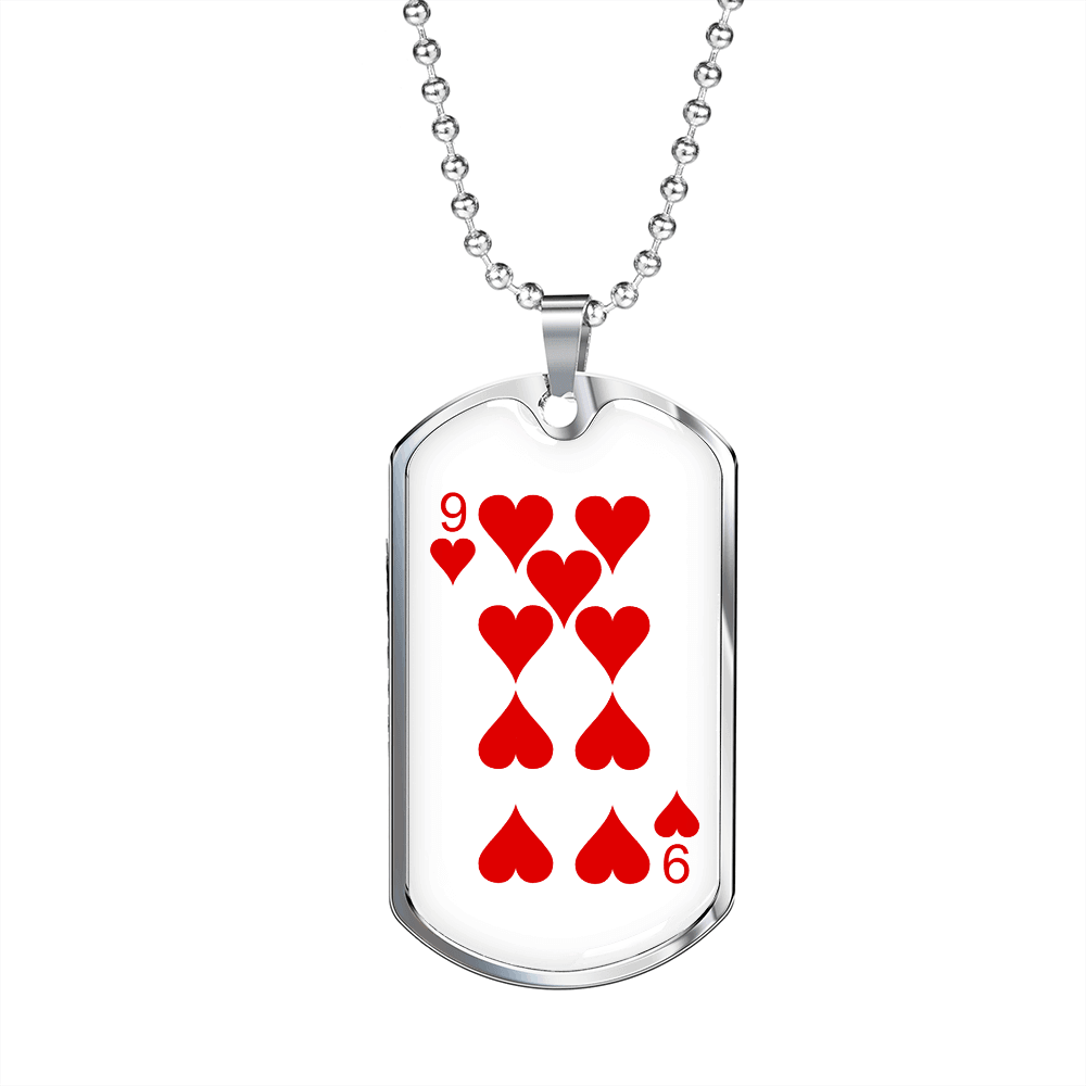 9 of Hearts Gambler Necklace Stainless Steel or 18k Gold Dog Tag 24" Chain-Express Your Love Gifts