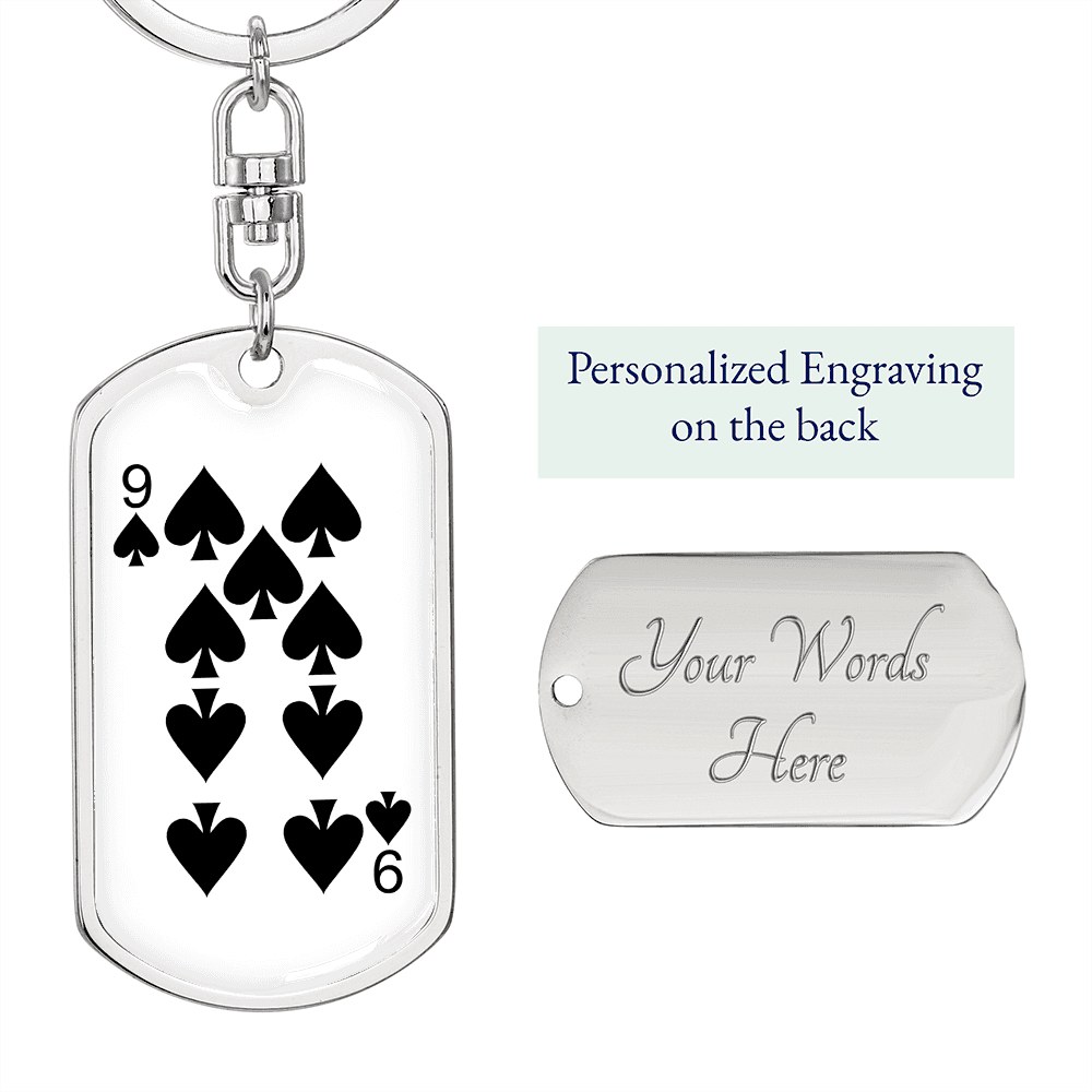 9 of Spades Gambler Keychain Stainless Steel or 18k Gold Dog Tag Keyring-Express Your Love Gifts