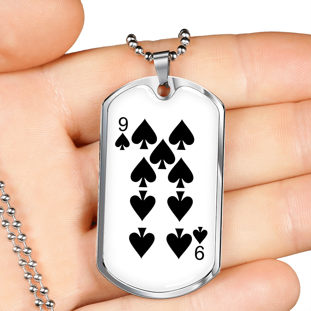 9 of Spades Gambler Necklace Stainless Steel or 18k Gold Dog Tag 24" Chain-Express Your Love Gifts