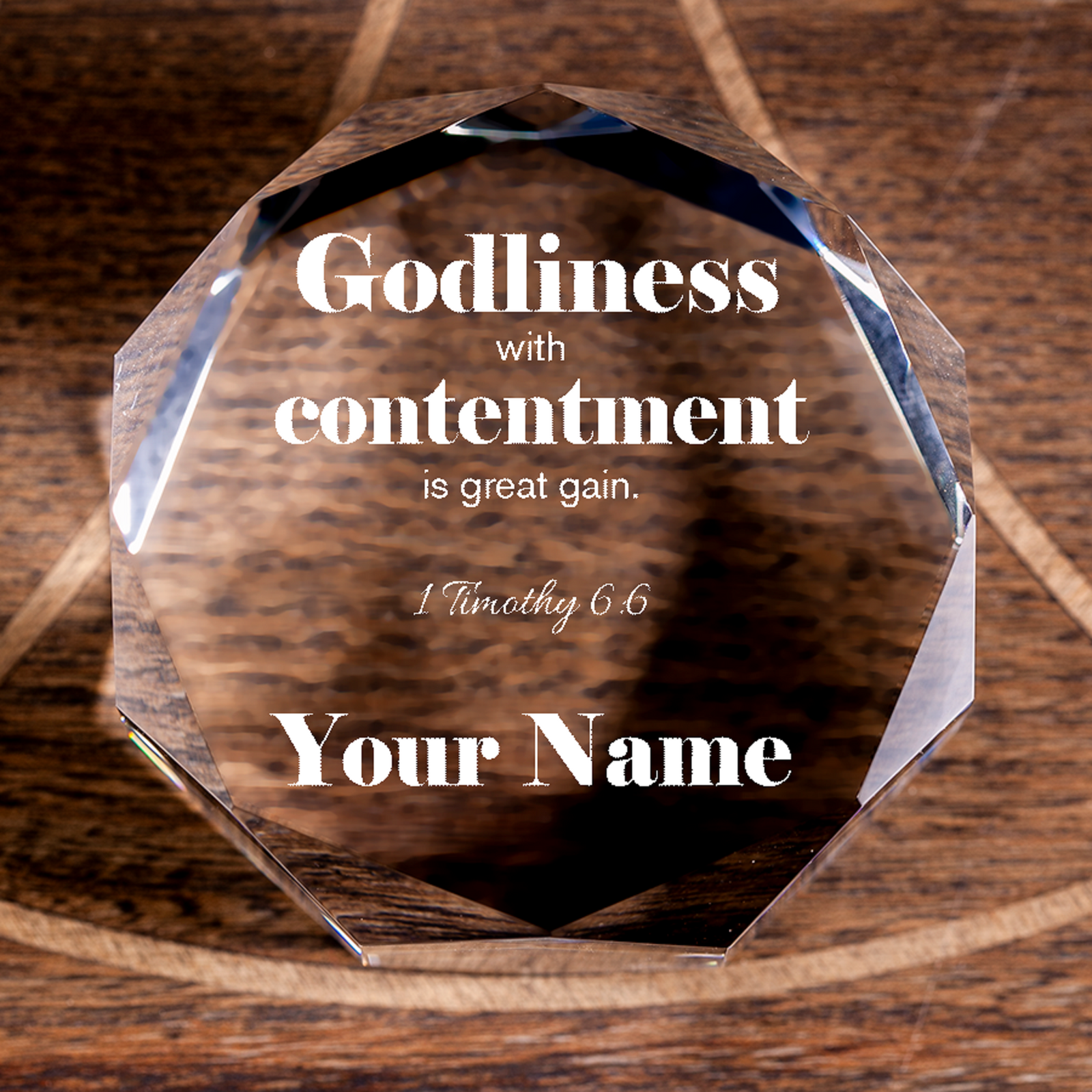 1 Timothy 6:6 Godliness Octagonal Crystal Puck Personalized Religious Present Christian Gift-Express Your Love Gifts