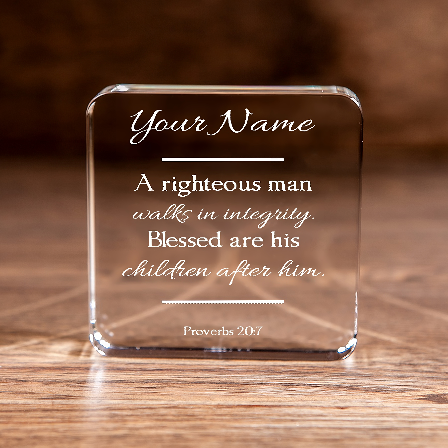 Proverbs 20:7 Upright Man Large Square Crystal Paperweight Personalized Christian Gift-Express Your Love Gifts