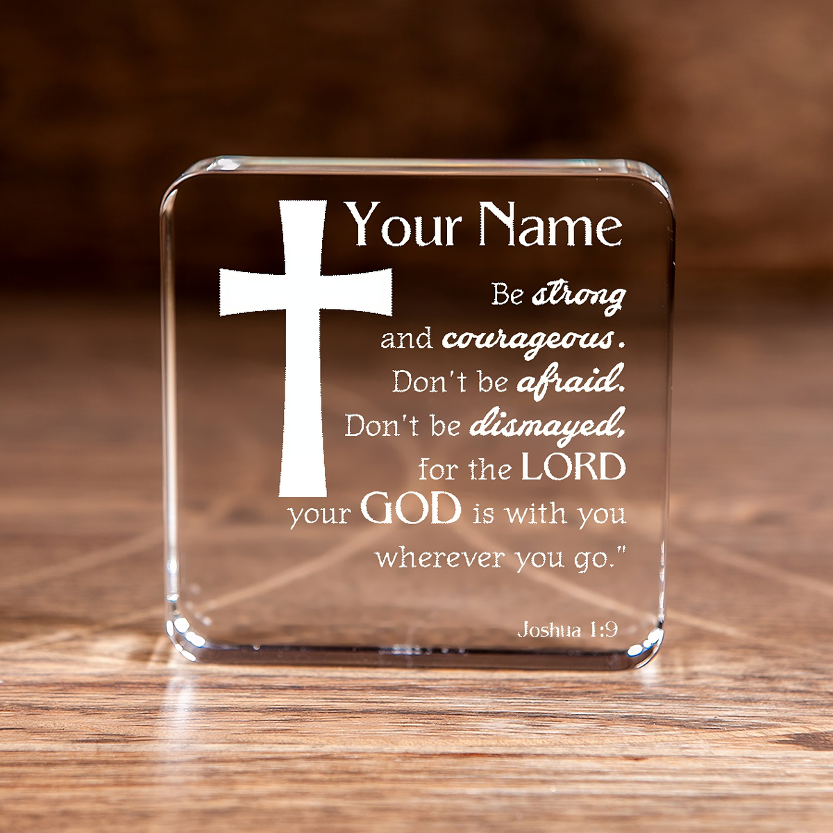 Joshua 1:9 Large Square Crystal Paperweight Be Strong and Courageous Cross Personalized Christian Gift-Express Your Love Gifts