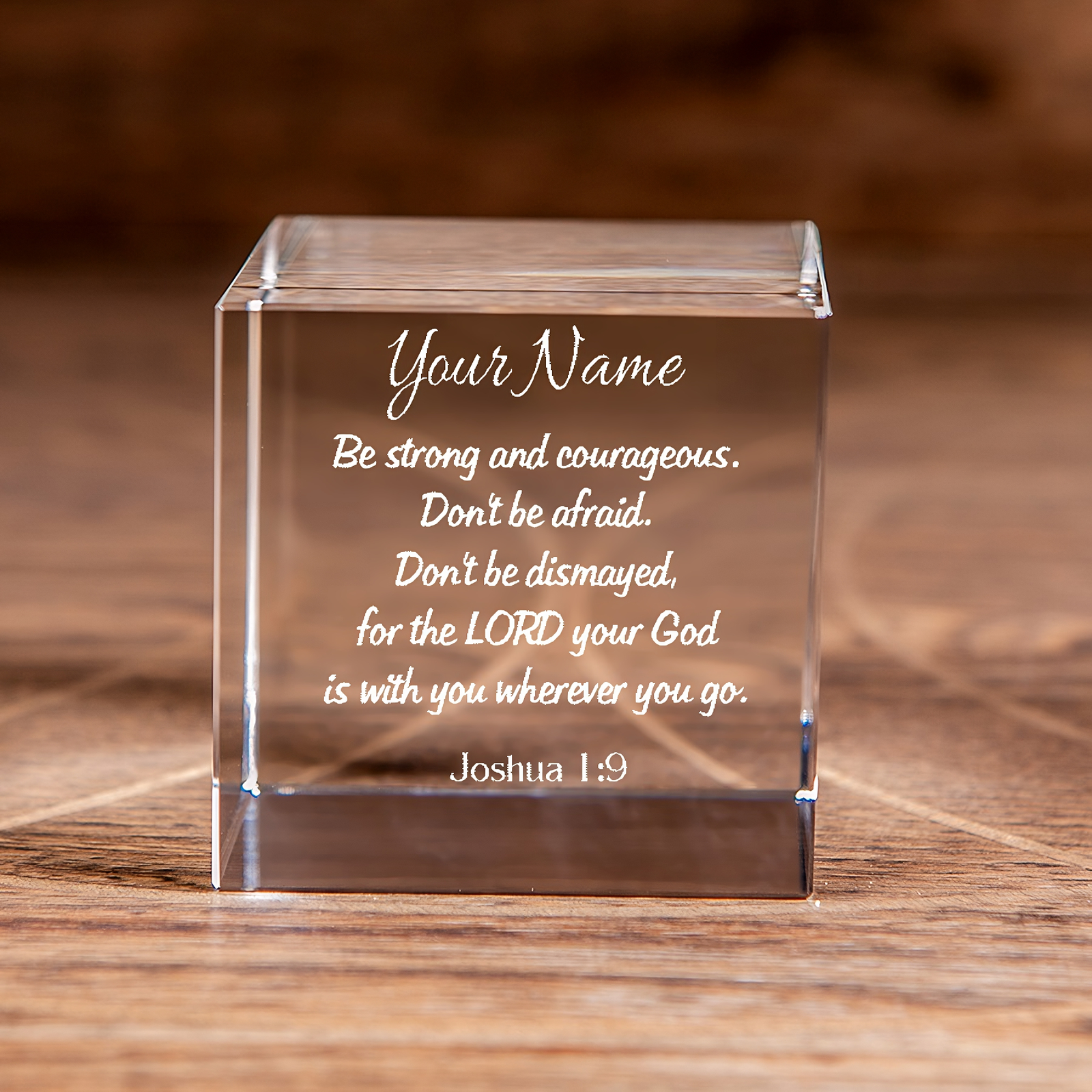 Joshua 1:9 Be Strong and Courageous Square Cut Crystal Cube Personalized Christian Gift-Express Your Love Gifts