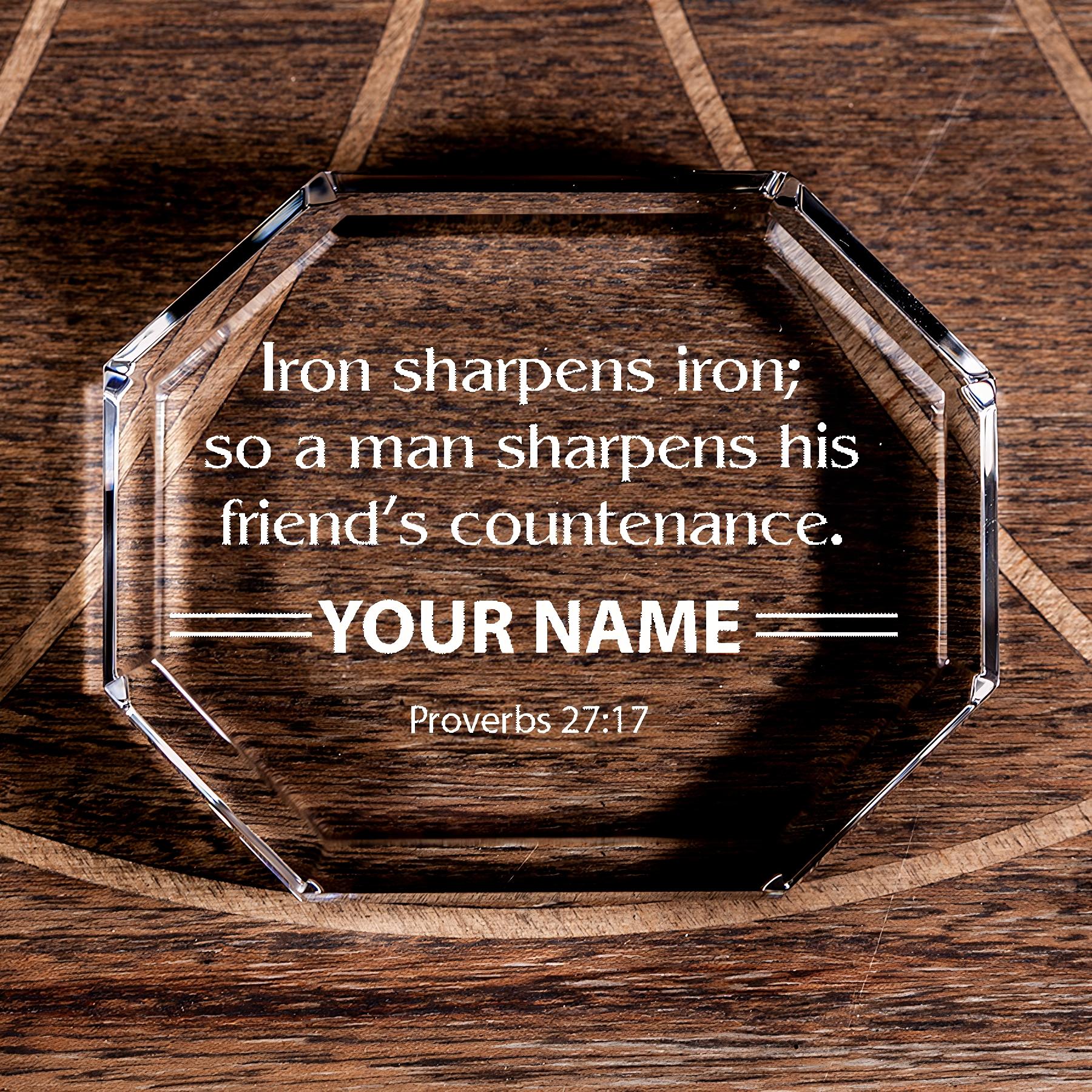 Proverbs 27:17 Iron Sharpens Iron Octagonal Crystal Paperweight Personalized Christian Gift-Express Your Love Gifts