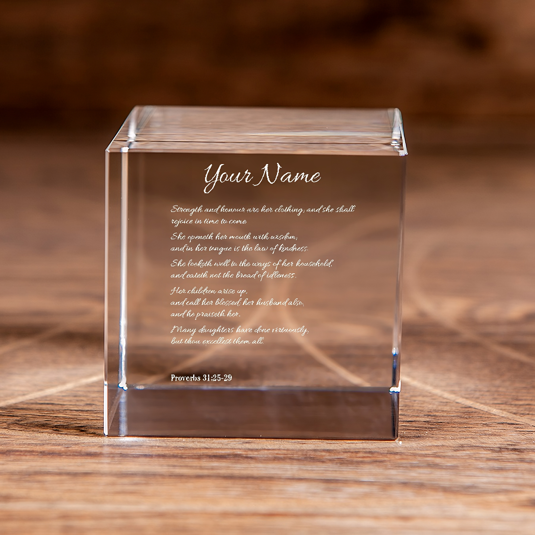 Proverbs 31:25-29 Her Strength and Honor Square Cut Crystal Cube Custom Christian Gift-Express Your Love Gifts