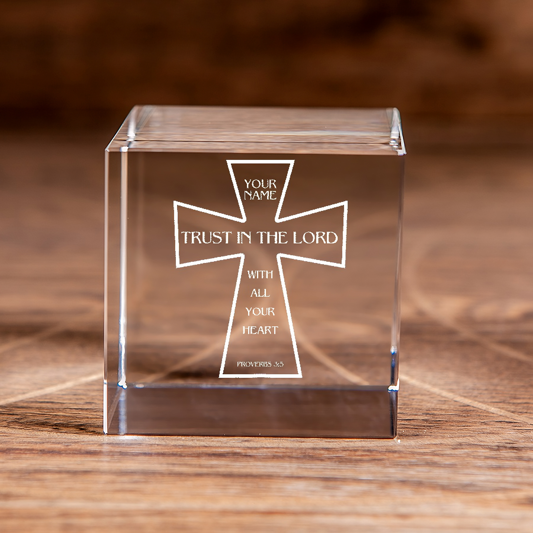 Proverbs 3:5 Trust in The Lord Cross Square Cut Crystal Cube Personalized Christian Gift-Express Your Love Gifts