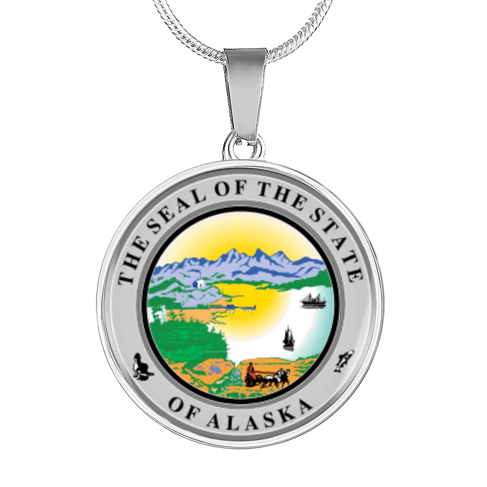 Alaska State Seal Necklace Circle Pendant Stainless Steel or 18k Gold 18-22"-Express Your Love Gifts