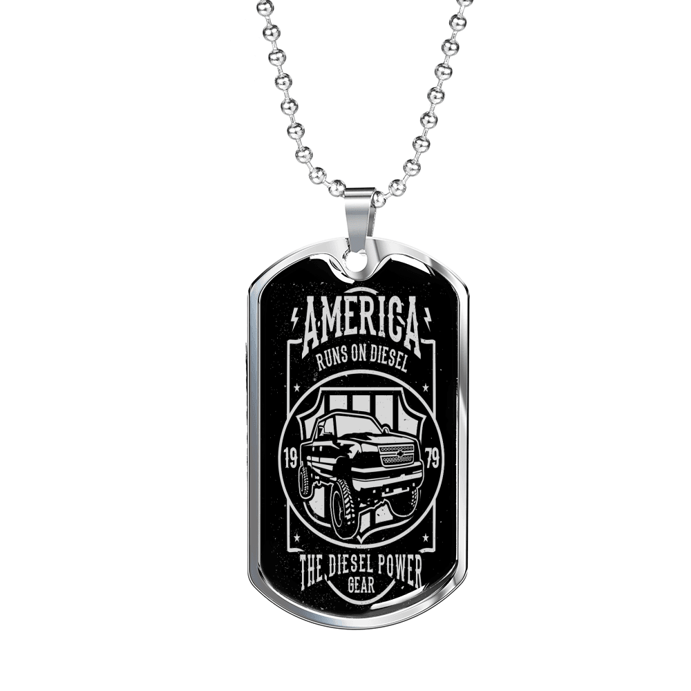 America Runs On Diesel Dog Tag Stainless Steel or 18k Gold W 24 Chian-Express Your Love Gifts