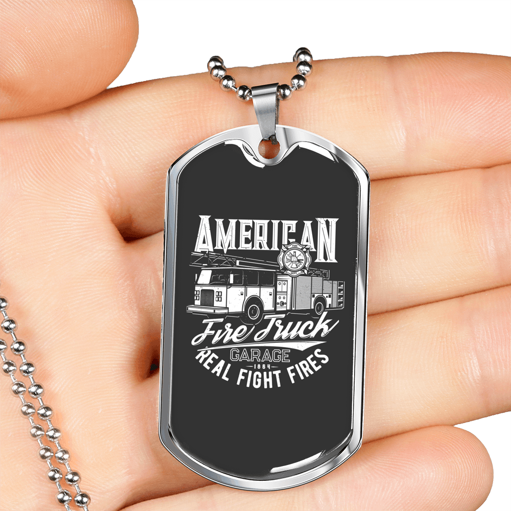 American Fire Truck Firefighter Gift Stainless Steel or 18k Gold Dog Tag 24" Chain-Express Your Love Gifts