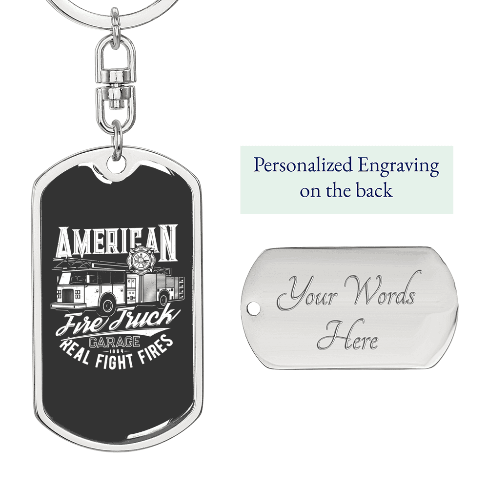 American Fire Truck Firefighter Keychain Stainless Steel or 18k Gold Dog Tag Keyring-Express Your Love Gifts
