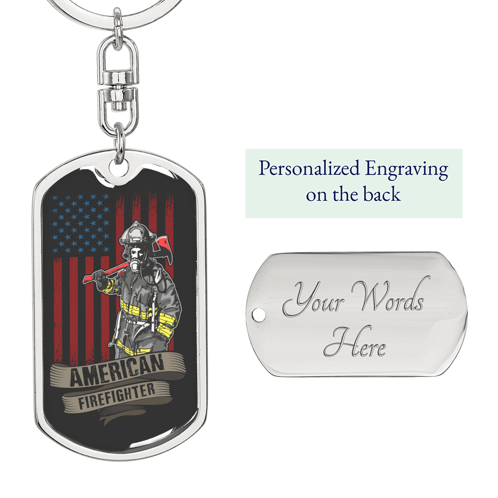 American Firefighter Keychain Stainless Steel or 18k Gold Dog Tag Keyring-Express Your Love Gifts