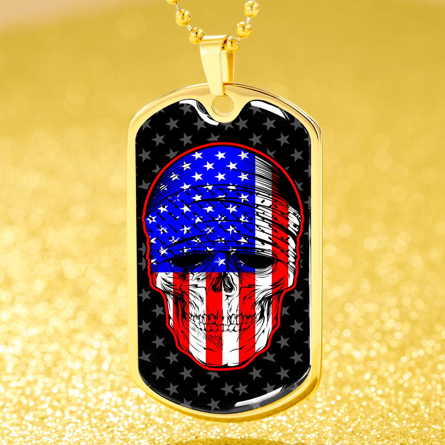 American Flag Patriotic Skull Necklace Stainless Steel or 18k Gold Dog Tag 24" Chain-Express Your Love Gifts
