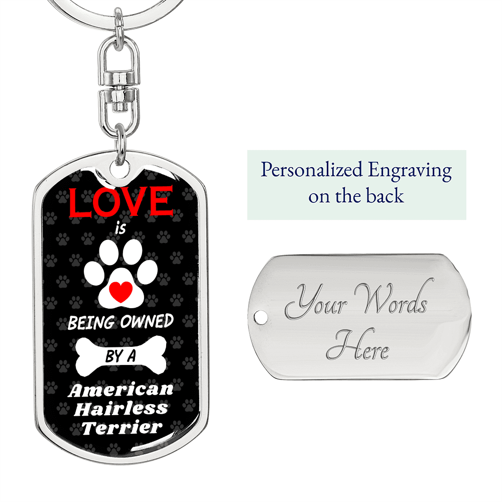 American Hairless Terrier Keychain Stainless Steel or 18k Gold Dog Tag Keyring-Express Your Love Gifts