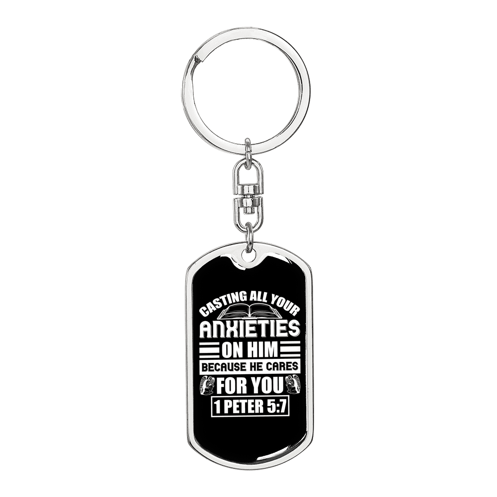 Anxieties On Him 1 Peter 5:7 Keychain Stainless Steel or 18k Gold Dog Tag Keyring-Express Your Love Gifts
