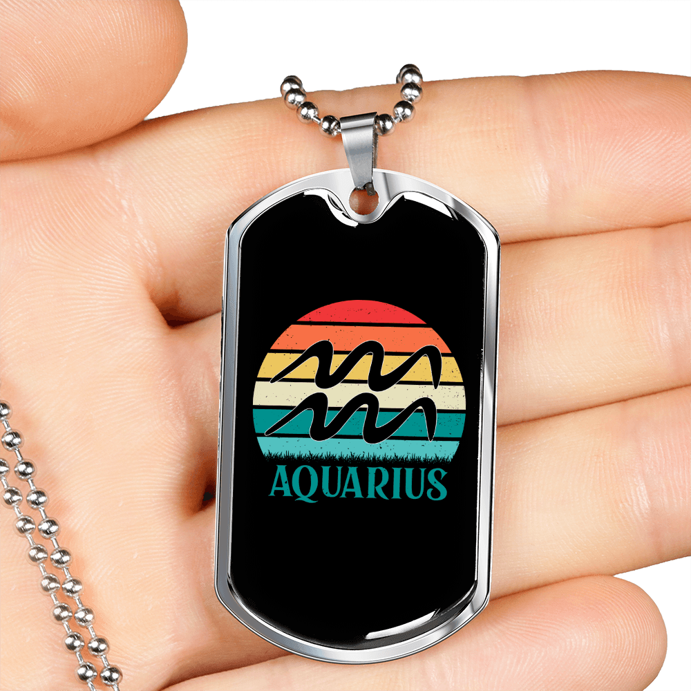 Aquarius Colors Zodiac Necklace Stainless Steel or 18k Gold Dog Tag 24" Chain-Express Your Love Gifts