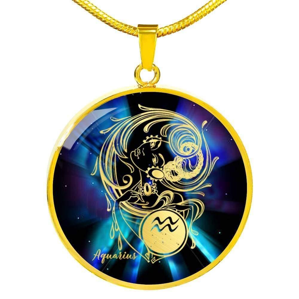 Aquarius Purple Galaxy Zodiac Necklace Stainless Steel or 18k Gold Circle Pendant-Express Your Love Gifts