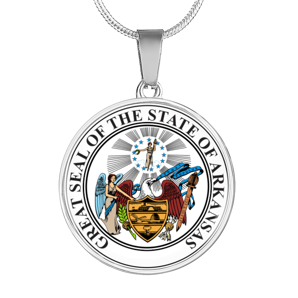 Arkansas State Seal Necklace Circle Pendant Stainless Steel or 18k Gold 18-22"-Express Your Love Gifts
