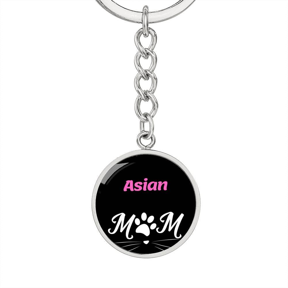 Asian Cat Mom Keychain Stainless Steel or 18k Gold Circle Pendant-Express Your Love Gifts