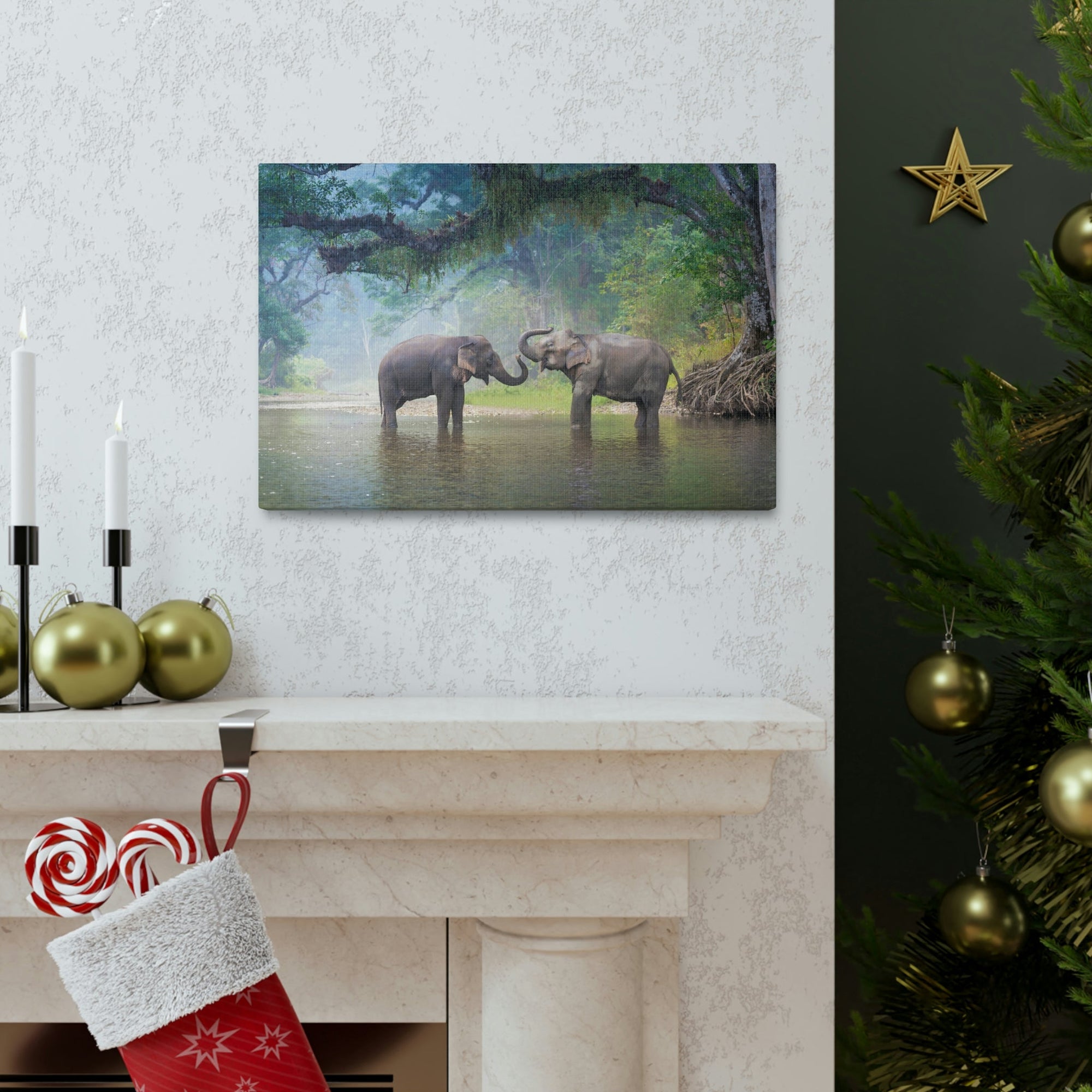 Scripture Walls Asian Elephant Couple in The River Print Animal Wall Art Wildlife Canvas Prints Wall Art Ready to Hang Unframed-Express Your Love Gifts