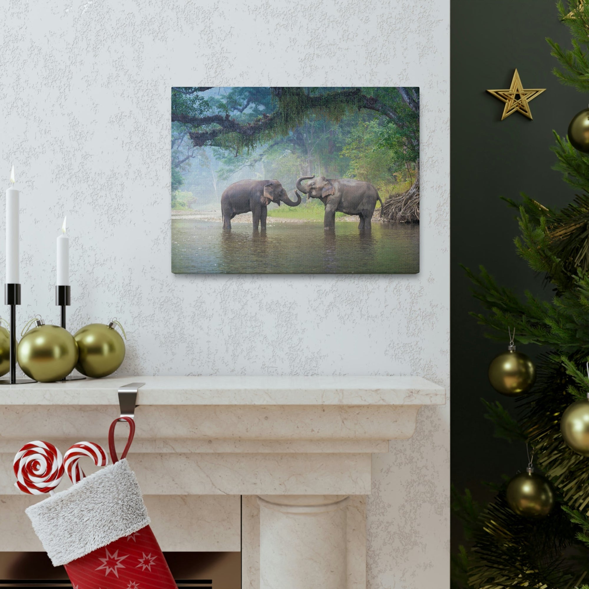 Scripture Walls Asian Elephant Couple in The River Print Animal Wall Art Wildlife Canvas Prints Wall Art Ready to Hang Unframed-Express Your Love Gifts