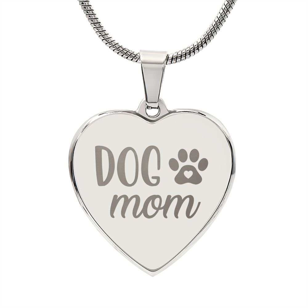 Dog Mom Engraved Heart Necklace Stainless Steel or 18k Yellow Gold Finish 18-22" Chain-Express Your Love Gifts