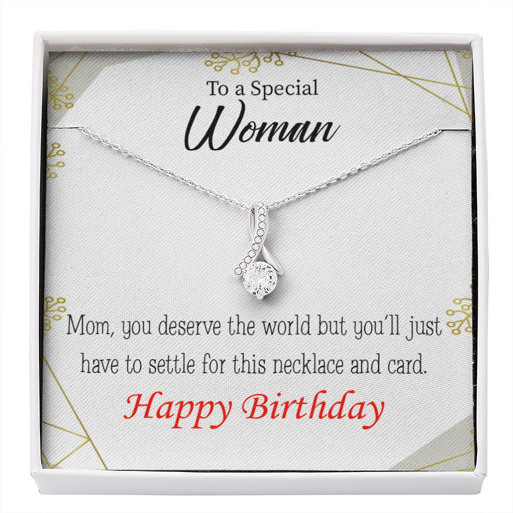 Mom Gift You Deserve The World Eternity Ribbon Stone Pendant 14K White Gold Stainless Steel 18-22&quot; Mom Birthday Messages-Express Your Love Gifts