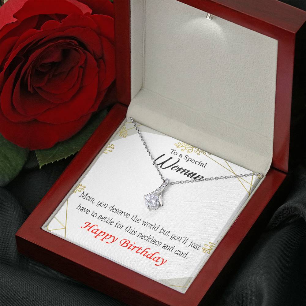 Mom Gift You Deserve The World Eternity Ribbon Stone Pendant 14K White Gold Stainless Steel 18-22" Mom Birthday Messages-Express Your Love Gifts