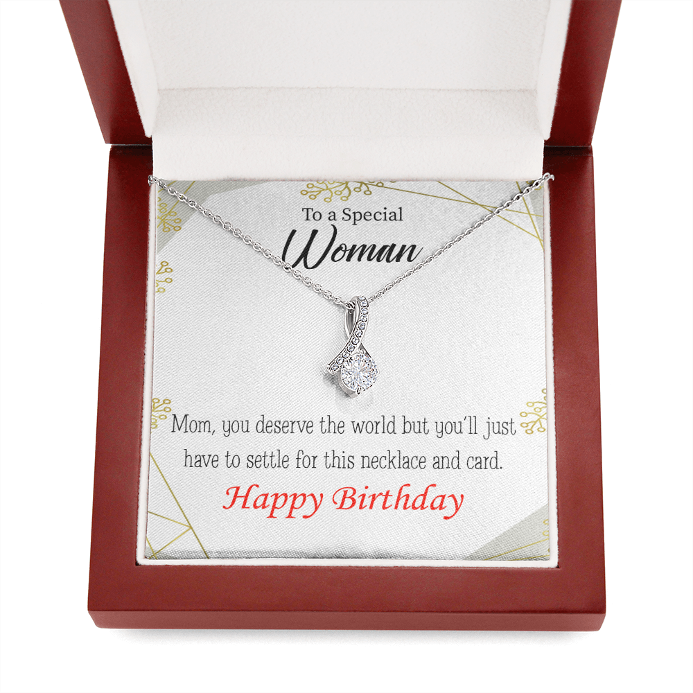 Mom Gift You Deserve The World Eternity Ribbon Stone Pendant 14K White Gold Stainless Steel 18-22" Mom Birthday Messages-Express Your Love Gifts