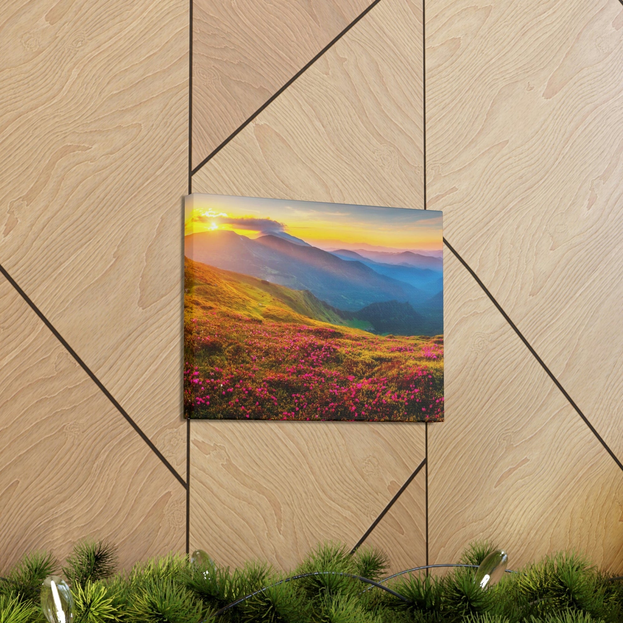 Attractive Summer Sunset at the Hill Scene Beautiful Impressive and Stunning Flowers Beauty Nature Scene Pink Flowers and Mountains Wall Art Ready to Hang Unframed-Express Your Love Gifts